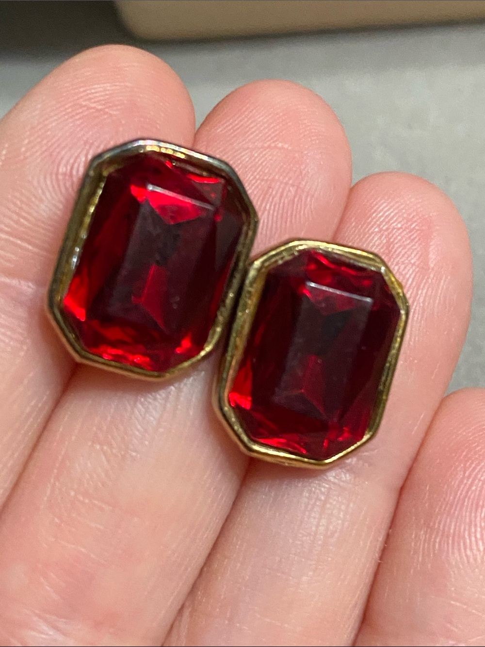 Red Octagon Crystal Stud Earrings - Gold Setting - Picture 5 of 7
